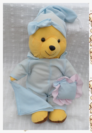 Doudou Peluche Ours Jaune Pyjama Bonnet De Nuit Coussin Bleu